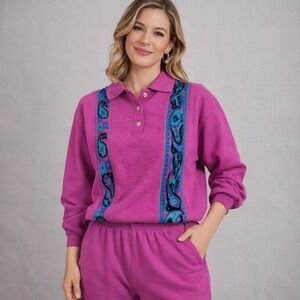 Vintage Blast Sweatsuit Set Purple Paisley Knit Top Pants Petite S 80s 90s Retro